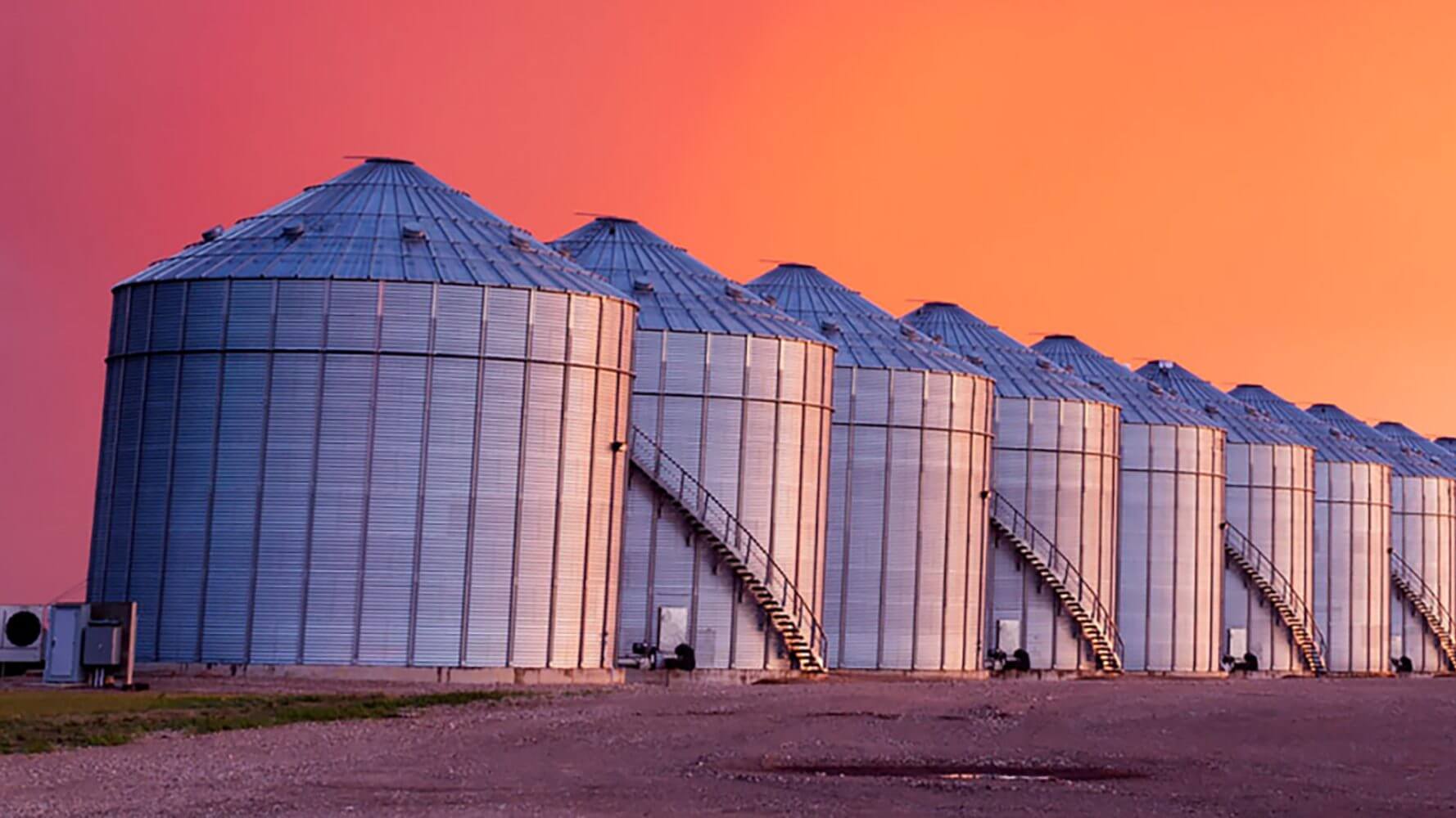 A row of silos stand against a fading sunset pink and orange sunset.