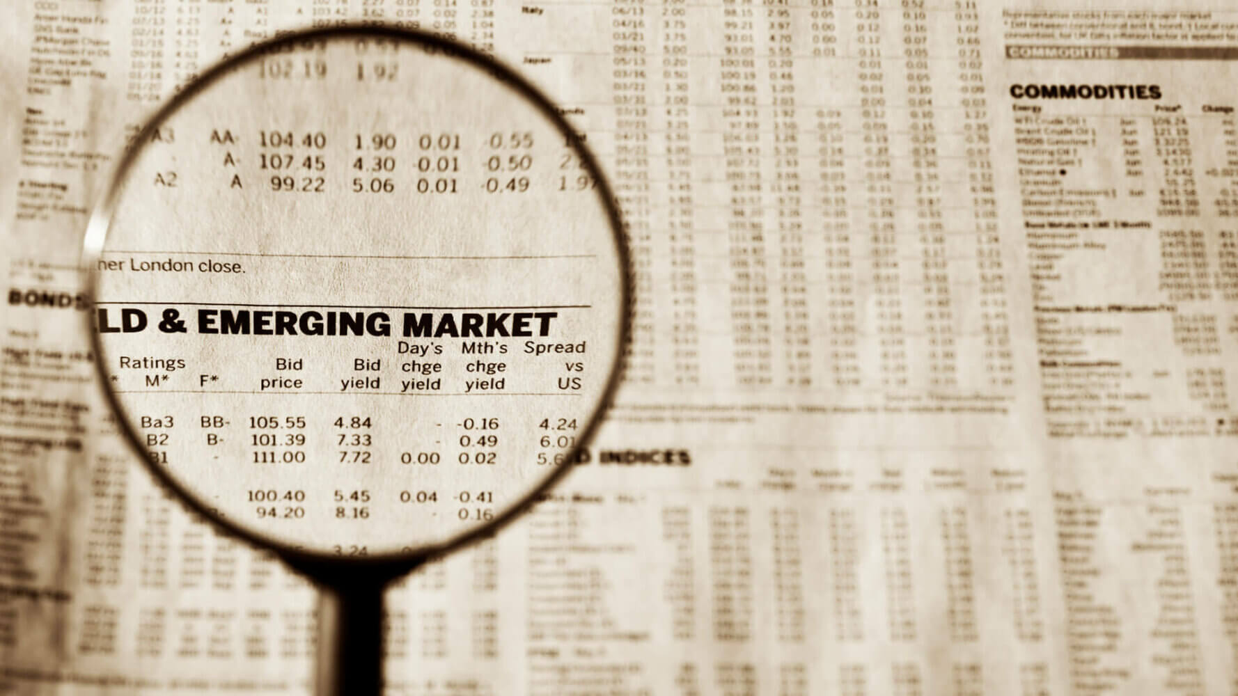 A magnifying glass points towards emerging markets.