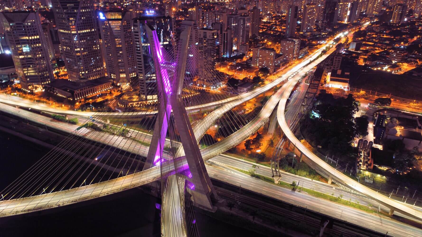 Estaiada's bridge night aerial view. São Paulo, Brazil. Business center. Financial Center. Great landscape, case for emerging market equities