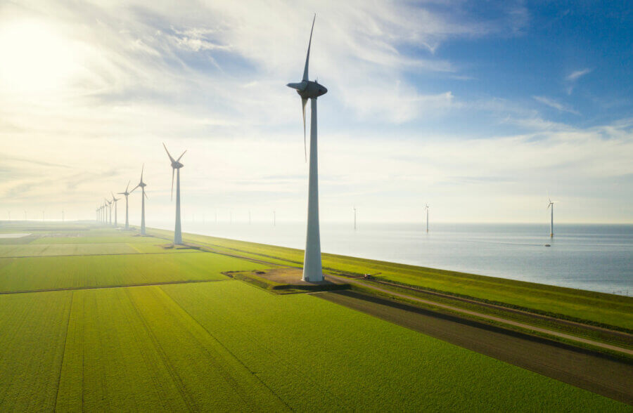 Onshore and offshore wind turbines on reclaimed land, Noordoostpolder, Flevoland, Netherlands