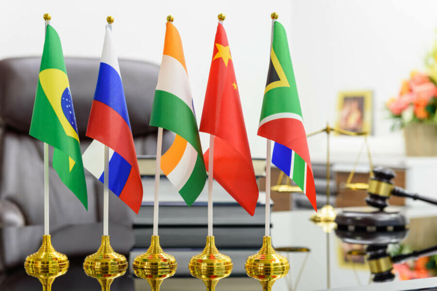 BRICS economy and policies concept : Flags of BRICS or group of five major emerging national economy i.e Brazil, Russia, India, China, South Africa. BRICS members are all leading developing countries.