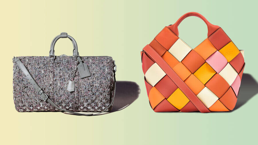 ESG is the new black, two purses sit against a pastel background.