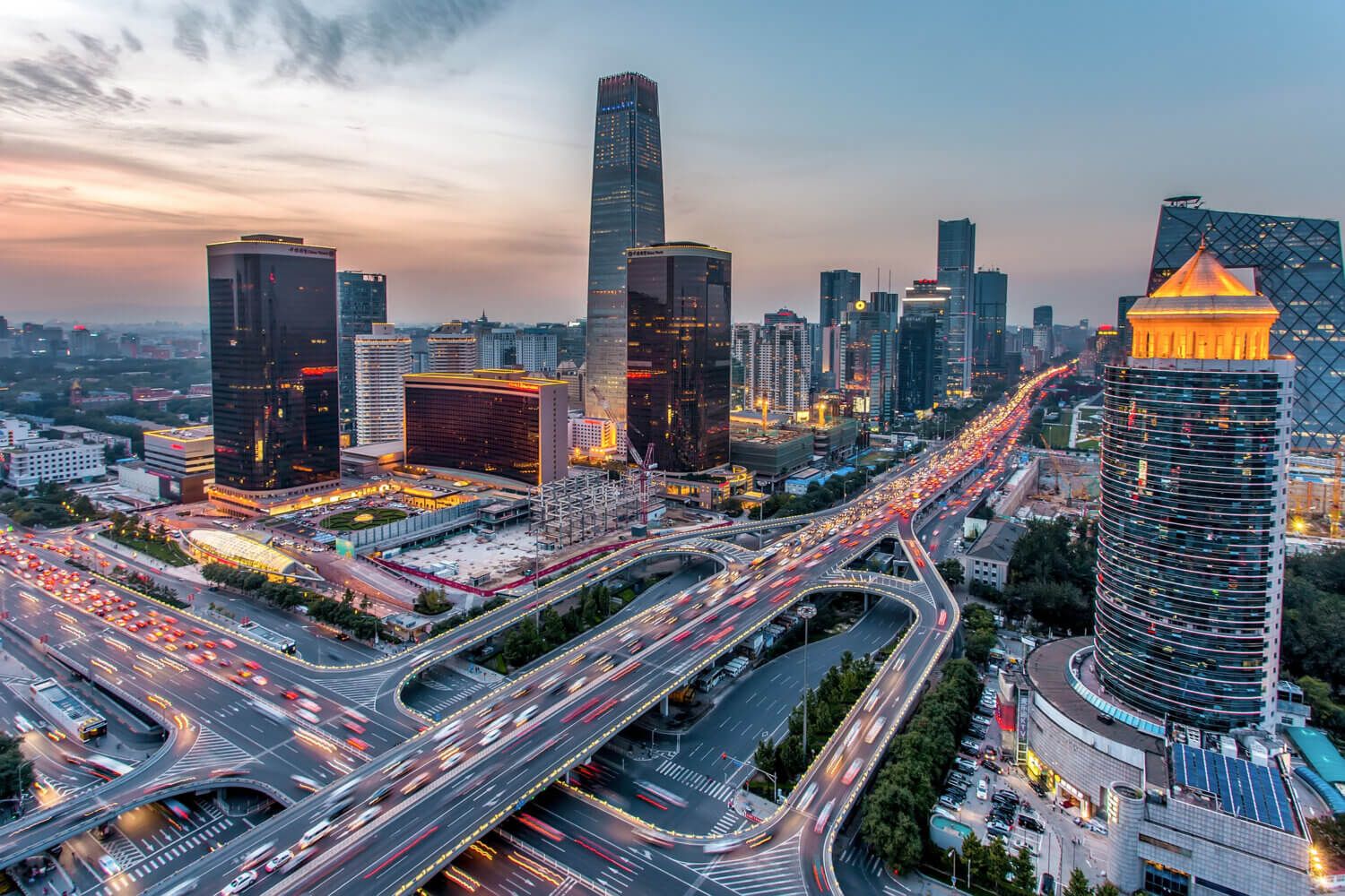 An aerial view of a busy city skyline.