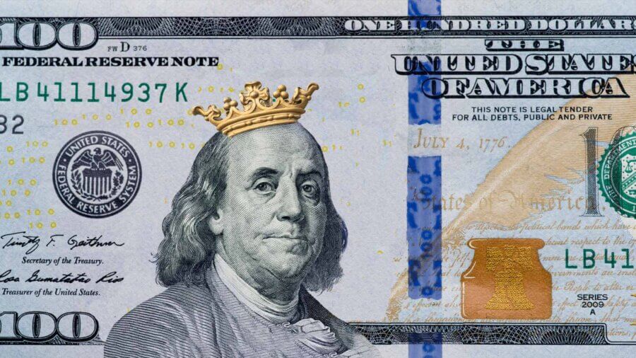 One hundred dollar bill with a crown on Ben Franklin's head.