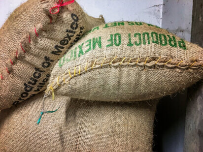 Burlap bags filled with products from Mexico