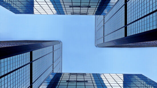 View from the ground looking up at office buildings