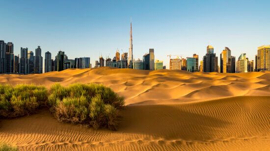 Looking along desert towards the business district